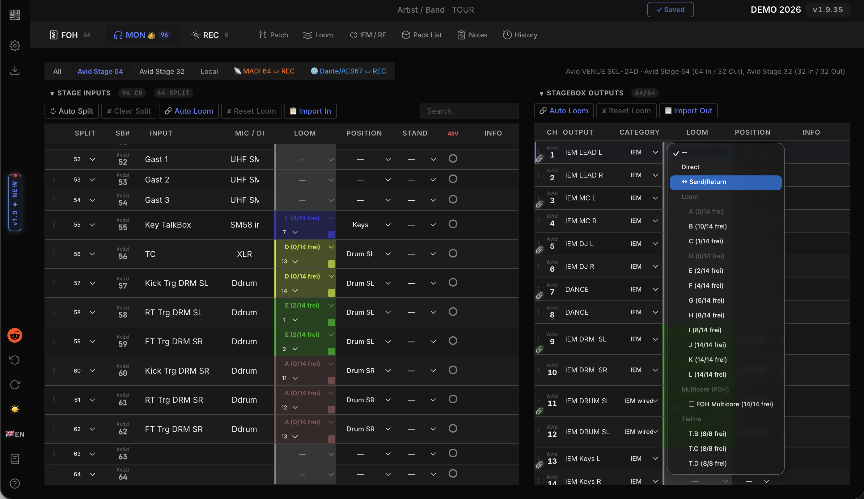 AUDIOPATCH — Stage Input List with Loom Assignments